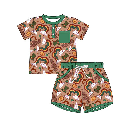Preorder(moq 5) Baby Boys Clovers Hats Button Top Pocket Shorts St Patrick Clothes Sets 10.31