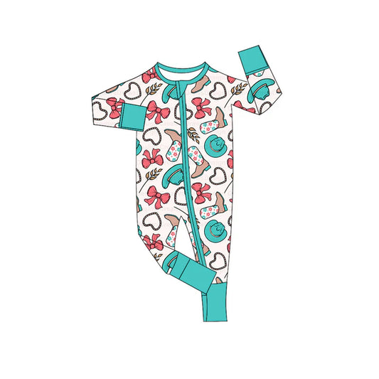 Preorder (moq 5)Baby Girls Pink Western Boots Bows Zip Long Sleeves Rompers 6.9