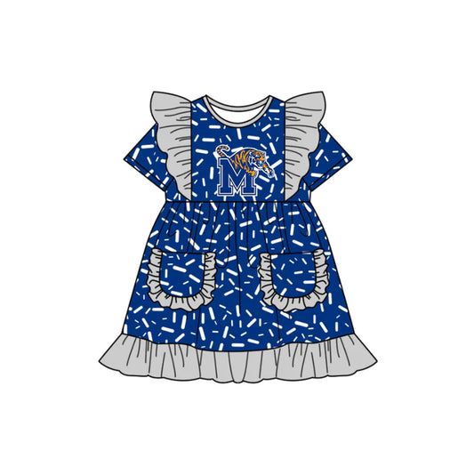Preorder (moq 5)Baby Girls Flutter Short Sleeve Blue Sprinkles M Tiger Pockets Team Ruffle Knee Length Dresses 12.13