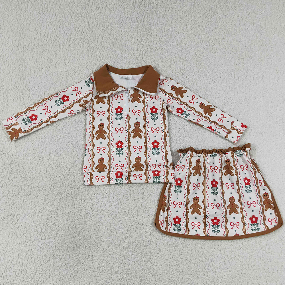 Baby Girls Clothes Flowers Gingerbread Bows Zip Top Skirt Short Christmas Sets GLD1607