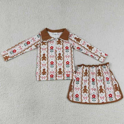 Baby Girls Clothes Flowers Gingerbread Bows Zip Top Skirt Short Christmas Sets GLD1607