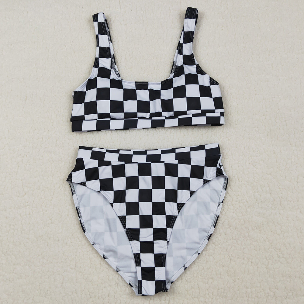 Adult Women Swimsuits Black Checkered Bra Top Bummies Bottom Swimsuits Sets S0738