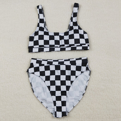 Adult Women Swimsuits Black Checkered Bra Top Bummies Bottom Swimsuits Sets S0738
