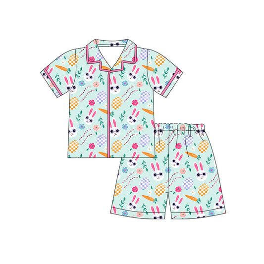 Preorder (moq 5)Baby Girls Rabbits Eggs Flowers Button Top Shorts Easter Pajamas Sets 12.13