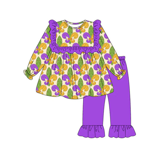 Preorder (moq 8)Baby Girls Purple Yellow Green Anchors Tunic Ruffle Pants Mardigras Clothes Sets 9.10