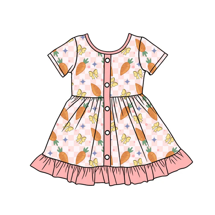 Preorder (moq 5)Baby Girls Peach Checked Carrots Bows Button Easter Ruffle Knee Length Dresses 12.16