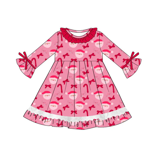 Preorder (moq 5)Baby Girls Long Ruffle Sleeves Santa Candy Cane Knee Length Dresses 6.3