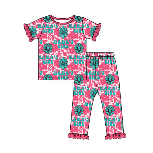 Preorder (moq 5)Baby Mama's Girl Turquoises Cow Print Top Ruffle Pants Western Pajamas Sets 11.25