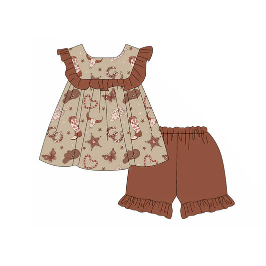 Preorder moq 5 Baby Girls Brown Sleeveless Bull Skull Boots Tunic Ruffle Short Set 4.19