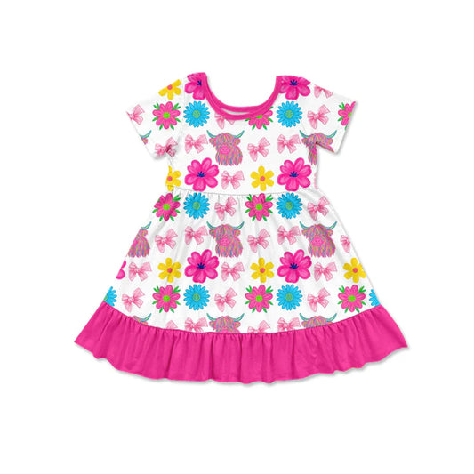 Preorder (moq 5)Baby Girls Highland Cows Flowers Western Ruffle Knee Length Dresses 12.16