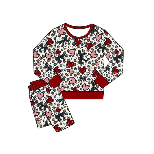 Preorder(moq 5) Baby Girls Leopard Bows Hearts Pants Valentines Pajamas Sets 11.8