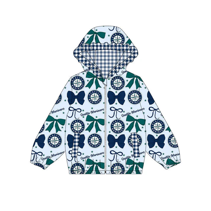 Preorder(moq 5)Baby Girls Green Navy Bows Seattle Pockets Zipper Team Ruffle Hoodies Jackets 10.16