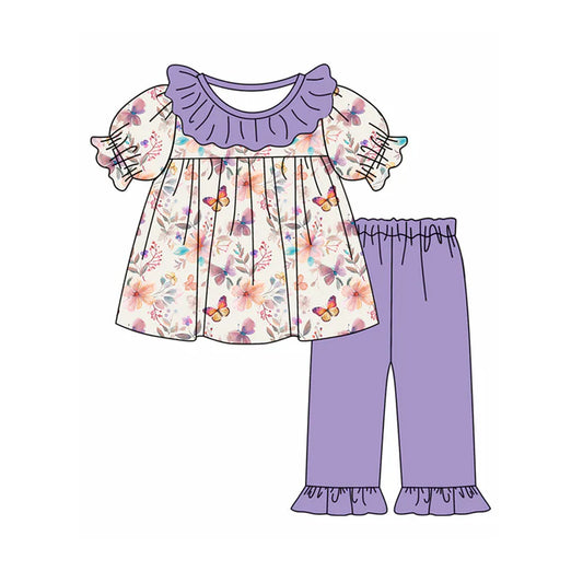 Preorder moq 5 Baby Girls Purple Short Sleeves Butterfly Tunic Ruffle Pant Set 5.8