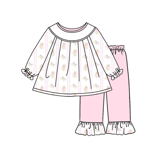 Preorder(moq 5) Baby Girls Hearts Dogs Ducks Tunic Ruffle Pants Valentine Clothes Set 10.23