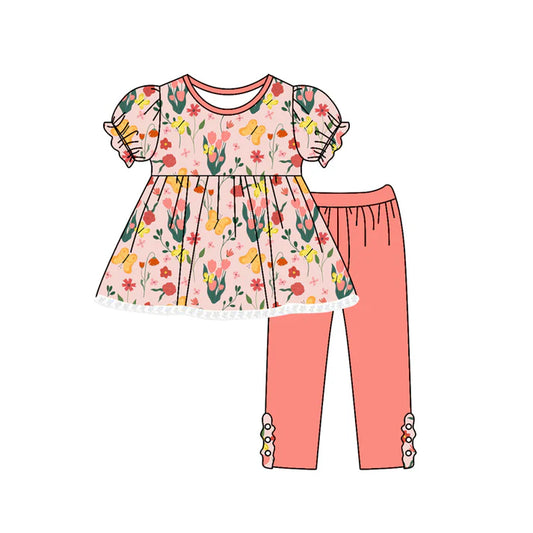 Preorder moq 5 Baby Girls Peach Short Sleeves Floral Butterfly Tunic Legging Pant Set 5.8