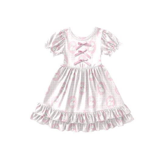 Preorder (moq 5)Baby Girls Pink Checked Rabbits Easter Ruffle Knee Length Dresses 12.26