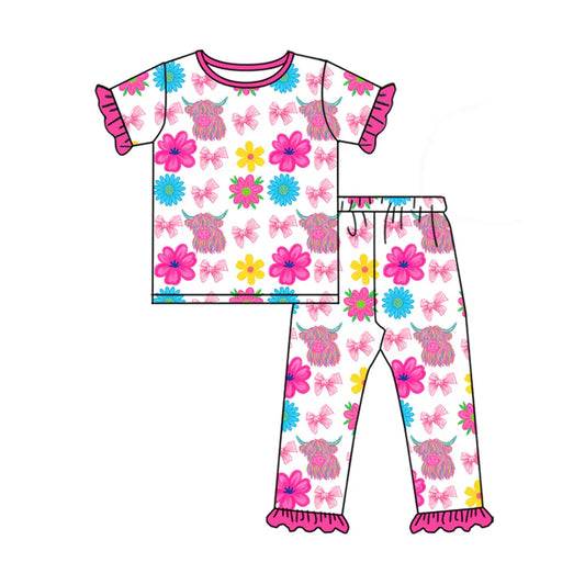 Preorder(moq 5)Baby Girls Highland Cows Flowers Top Ruffle Pants Western Pajamas Sets 12.17