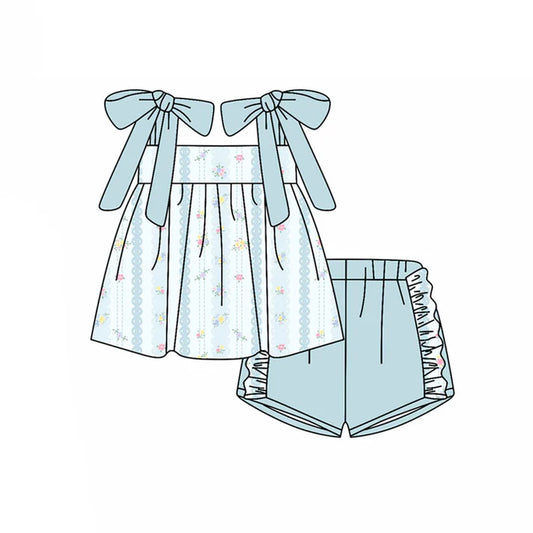 Preorder(moq 5) Baby Girls Aqua Strap Bows Flowers Stripe Tunic Ruffle Shorts Clothes Sets 10.21