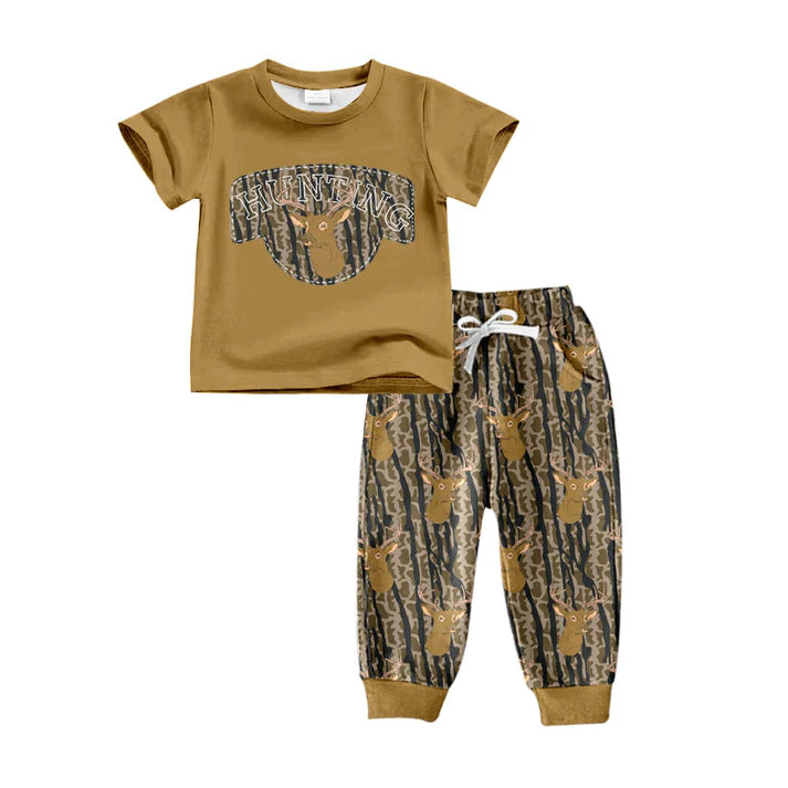 Preorder (moq 5)Baby Boys Deer Olive Camo Top Pockets Jogger Pants Hunting Clothes Sets 11.25