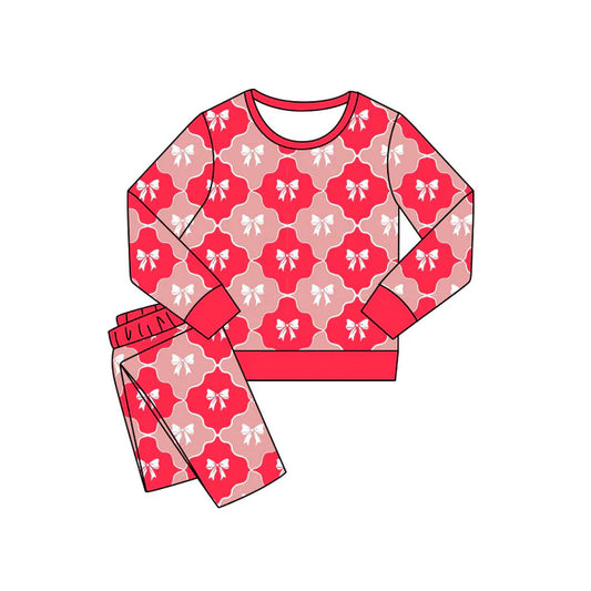 Preorder(moq 5) Baby Girls Pink Bows Checked Pants Valentines Pajamas Sets 11.8