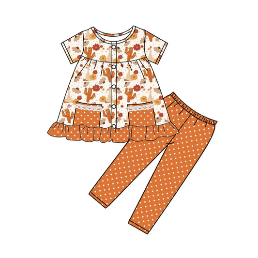 Preorder moq 5 Baby Girls Orange Short Sleeves Cactus Pockets Button Tunic Legging Pant Set 5.8