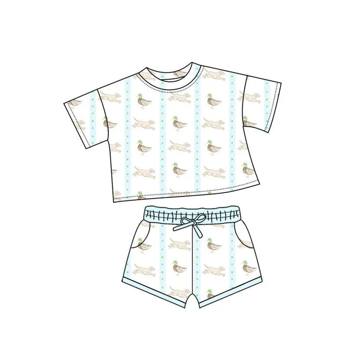Preorder(moq 5) Baby Boys Ducks Dogs Stripe Top Pockets Shorts Hunting Clothes Sets 10.30