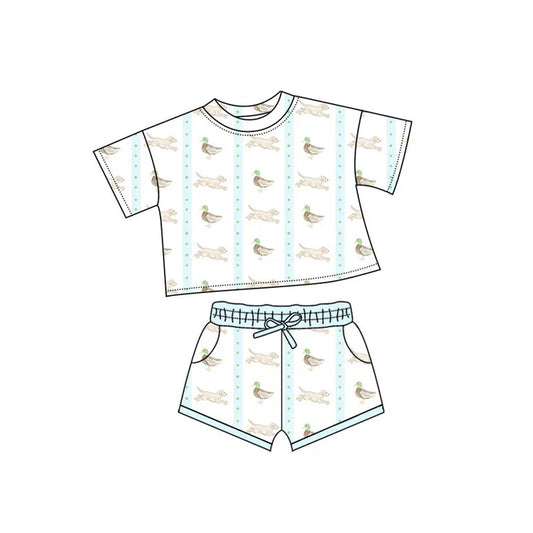 Preorder(moq 5) Baby Boys Ducks Dogs Stripe Top Pockets Shorts Hunting Clothes Sets 10.30