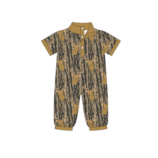 Preorder (moq 5)Baby Boys Deer Olive Camo Button Hunting Footie Rompers 11.25
