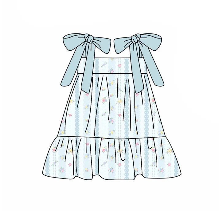 Preorder(moq 5) Baby Girls Aqua Strap Bows Flowers Stripe Ruffle Knee Length Dresses 10.21