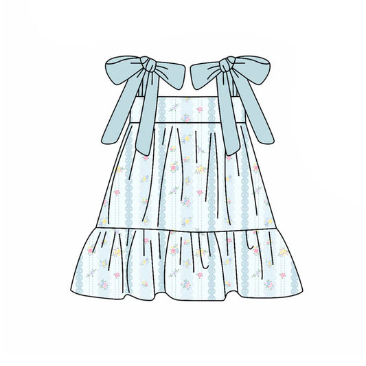 Preorder(moq 5) Baby Girls Aqua Strap Bows Flowers Stripe Ruffle Knee Length Dresses 10.21