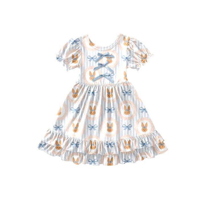 Preorder (moq 5)Baby Girls Blue Stripe Rabbits Bows Easter Ruffle Knee Length Dresses 12.26