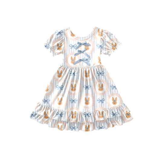 Preorder (moq 5)Baby Girls Blue Stripe Rabbits Bows Easter Ruffle Knee Length Dresses 12.26