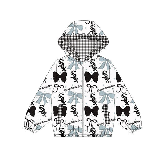 Preorder(moq 5)Baby Girls Grey Black Bows SOX Pockets Zipper Team Ruffle Hoodies Jackets 10.16