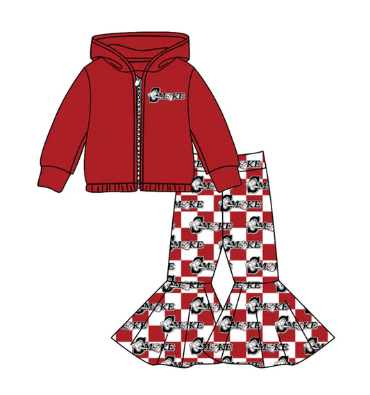 Preorder(moq 5) Baby Girls Red Smoke Zipper Hoodie Jacket Bell Bottom Pants Team Clothes Sets 11.5