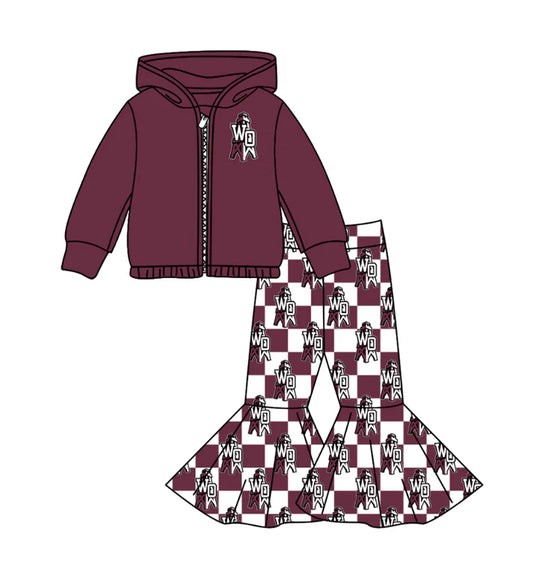 Preorder(moq 5) Baby Girls Dark Red WO Zipper Hoodie Jacket Bell Bottom Pants Team Clothes Sets 11.5