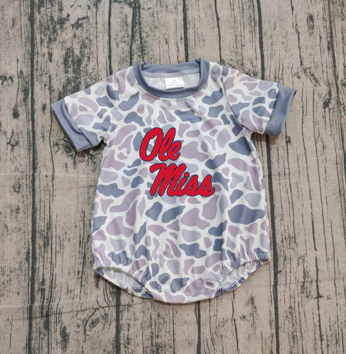Preorder (moq 5)Baby Boys Grey Camo Ole Miss Team Rompers 10.30