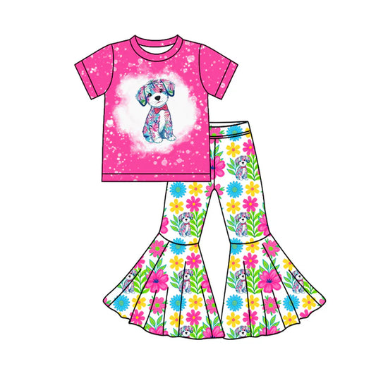 Preorder(moq 5)Baby Girls Short Sleeve Floral Dogs Top Bell Bottom Pants Clothes Sets 12.16
