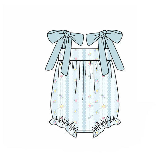 Preorder (moq 5)Baby Girls Aqua Strap Bows Flowers Stripe Ruffle Rompers 10.21