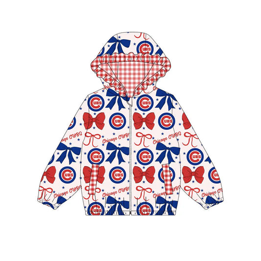 Preorder(moq 5)Baby Girls Red Blue Bows Chicago Cubs Pockets Zipper Team Ruffle Hoodies Jackets 10.16