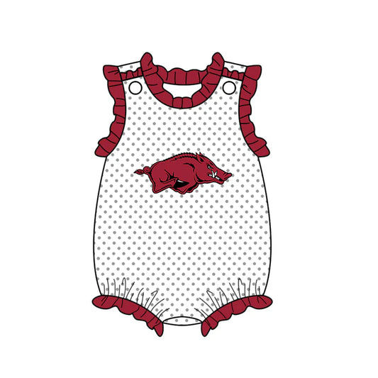 Preorder (moq 5)Baby Girls Polka Dots Red Bulls Team Ruffle Rompers 12.13