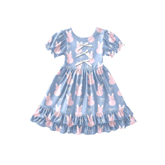 Preorder (moq 5)Baby Girls Rabbits Bows Easter Ruffle Knee Length Dresses 12.26