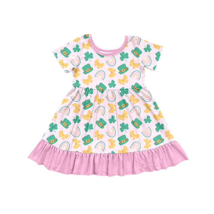 Preorder(moq 5) Baby Girls Clovers Hats Bows St Patrick Ruffle Knee Length Dresses 10.23