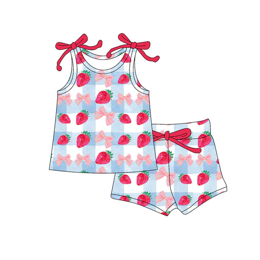 Preorder (moq 5)Baby Girls Sleeveless Bows Strawberry Checked Top Shorts Clothes Set 12.18