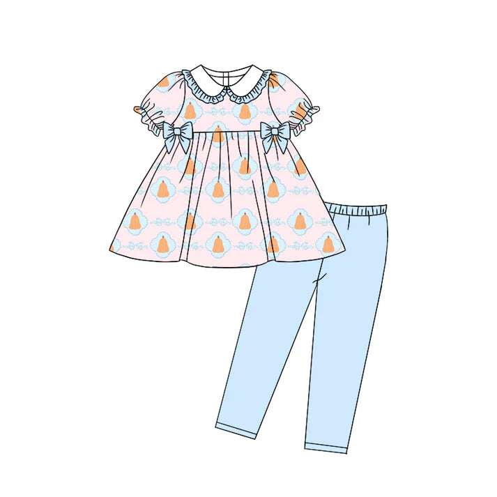 Preorder moq 5 Baby Girls Short Ruffle Sleeves Bows Pumpkins Plaid Tunic Legging Pants Set 5.8