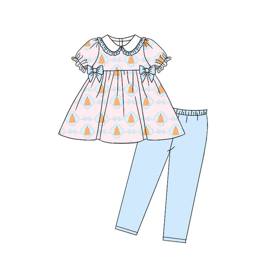 Preorder moq 5 Baby Girls Short Ruffle Sleeves Bows Pumpkins Plaid Tunic Legging Pants Set 5.8