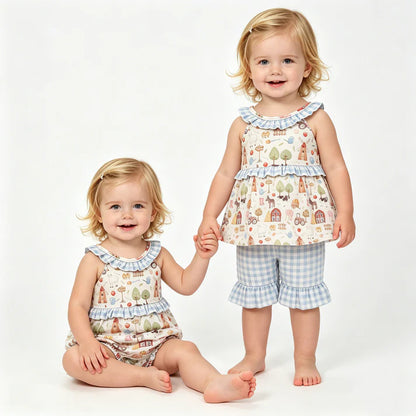 Sibling Baby Girls Pigs Cows Tunic Checked Ruffle Short Farm Clothes Set Rompers