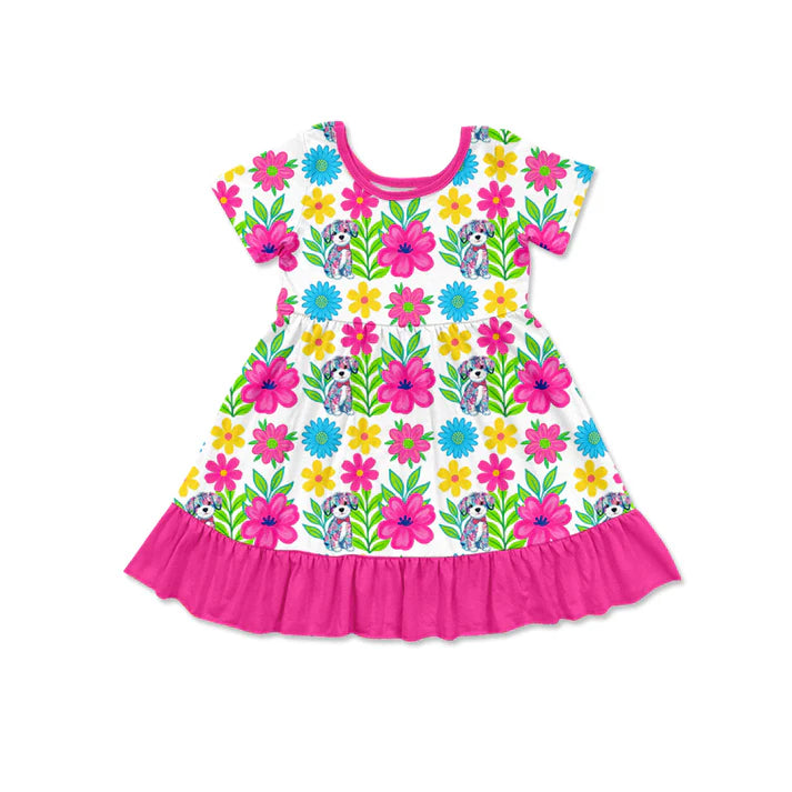 Preorder (moq 5)Baby Girls Short Sleeve Floral Dogs Ruffle Knee Length Dresses 12.16
