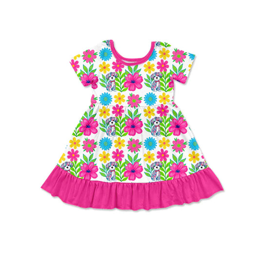 Preorder (moq 5)Baby Girls Short Sleeve Floral Dogs Ruffle Knee Length Dresses 12.16