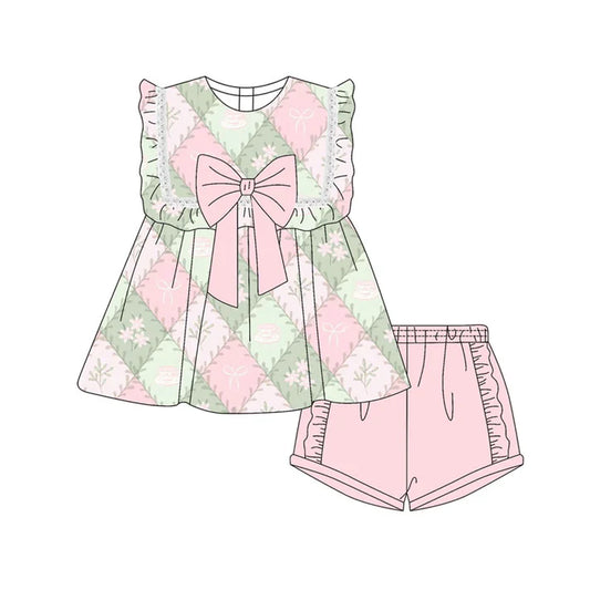Preorder(moq 5) Baby Girls Flowers Bows Checked Tunic Ruffle Shorts Clothes Sets 10.21