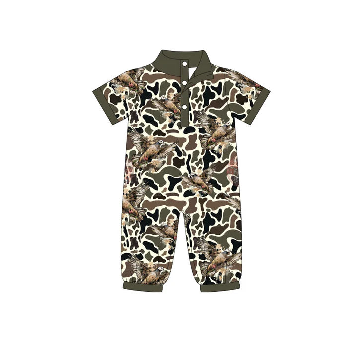 Preorder (moq 5)Baby Boys Dark Brown Camo Eagles Button Hunting Footie Rompers 11.25